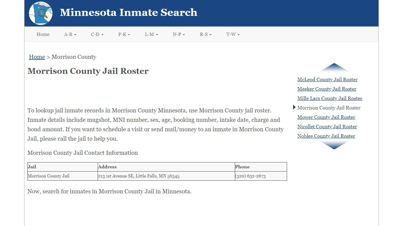 Morrison County Jail Roster - Minnesota Inmate Search